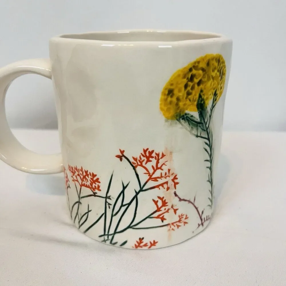 Anthropologie Dagny Initial W 16oz Mug Botanical Imprint White Hand Painted Flaw